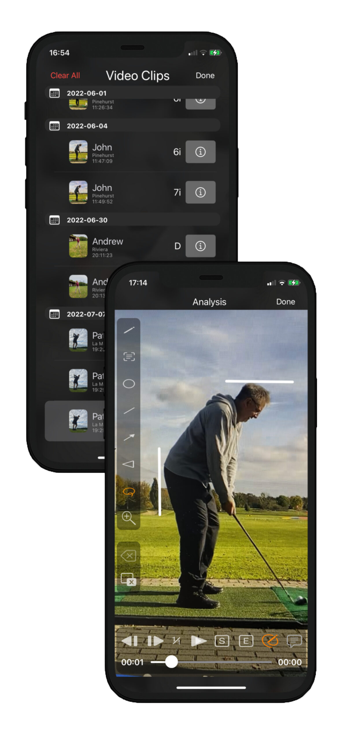 GolfREC's swing analysis tool with playback controls for scrubbing and slow motion