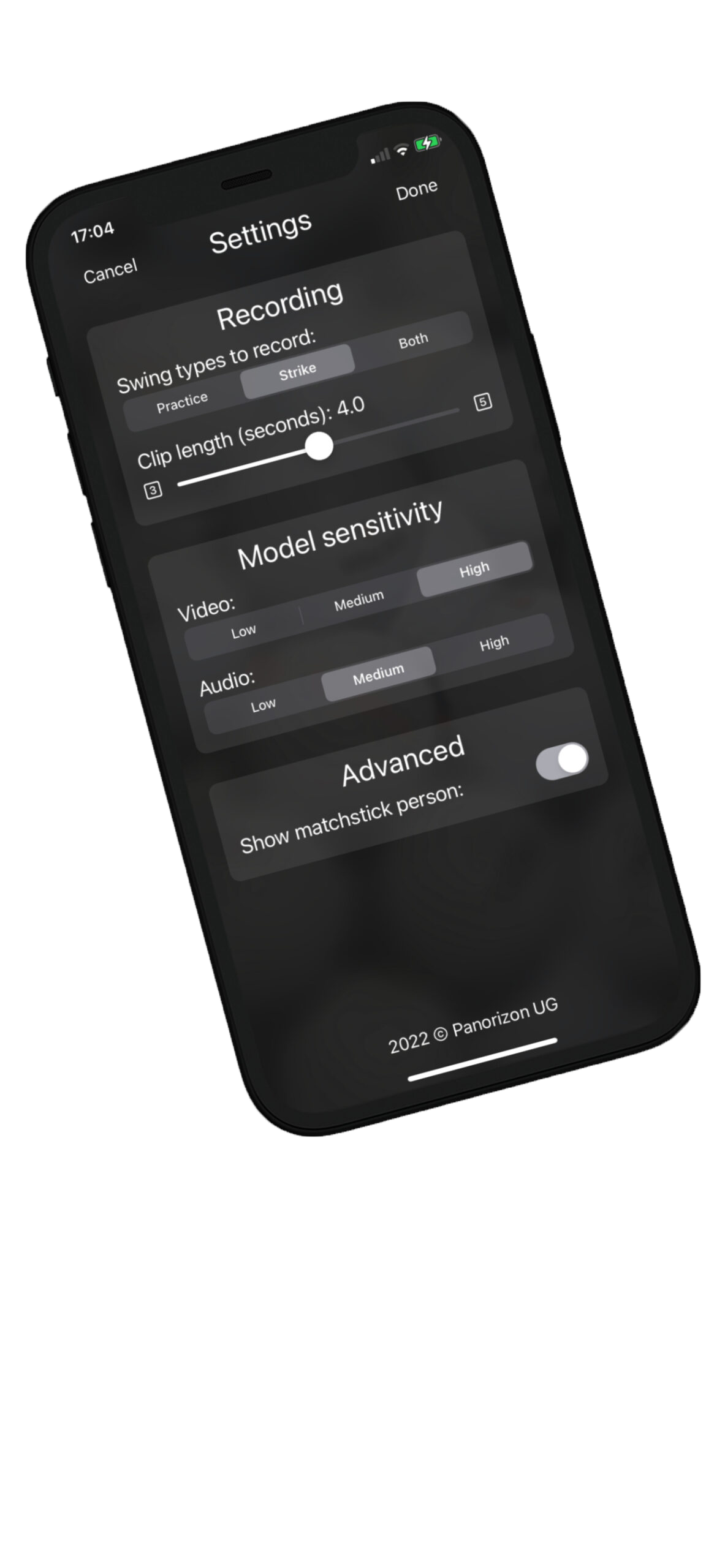 GolfREC's settings screen for recording and AI model sensitivity