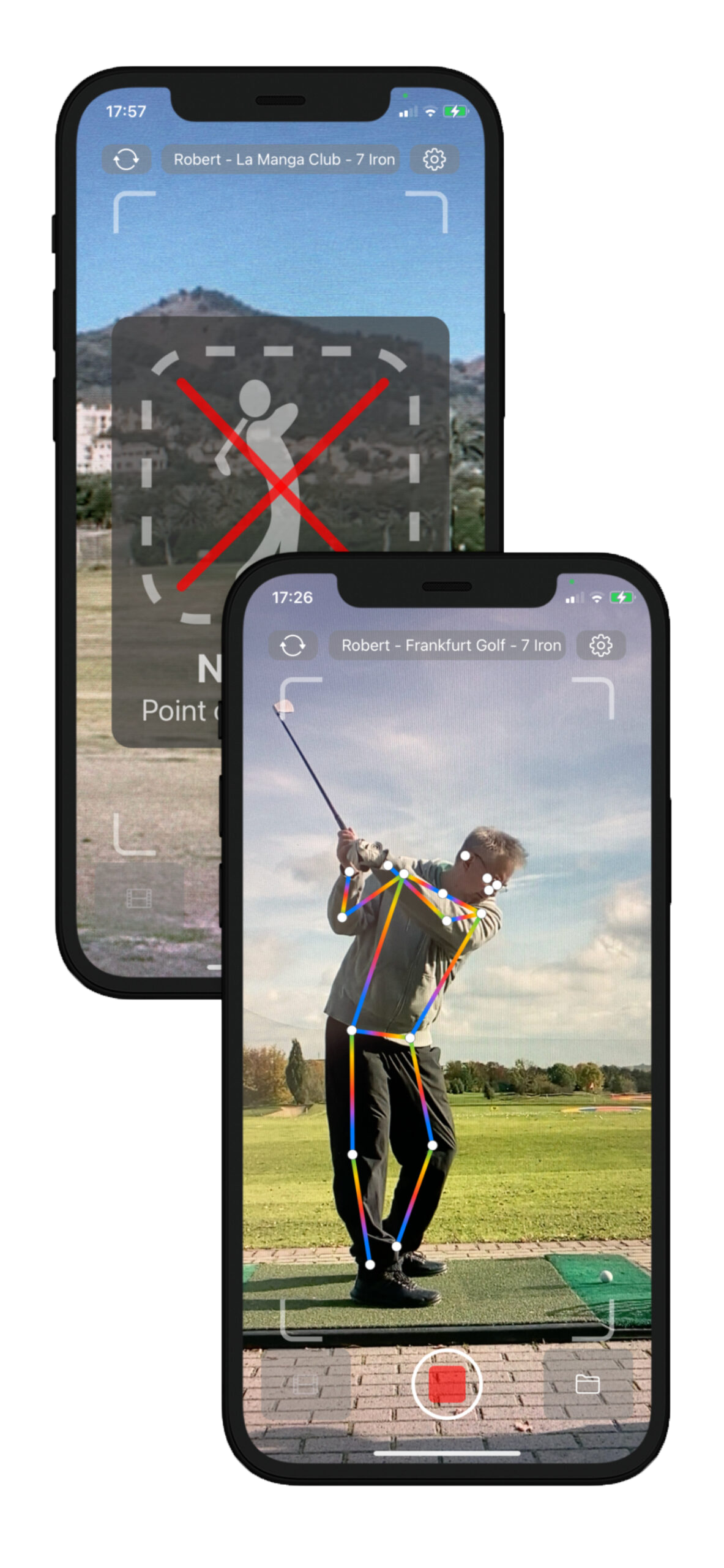 GolfREC recording a golf swing on the driving range, with pose-tracking overlay and a framing guide