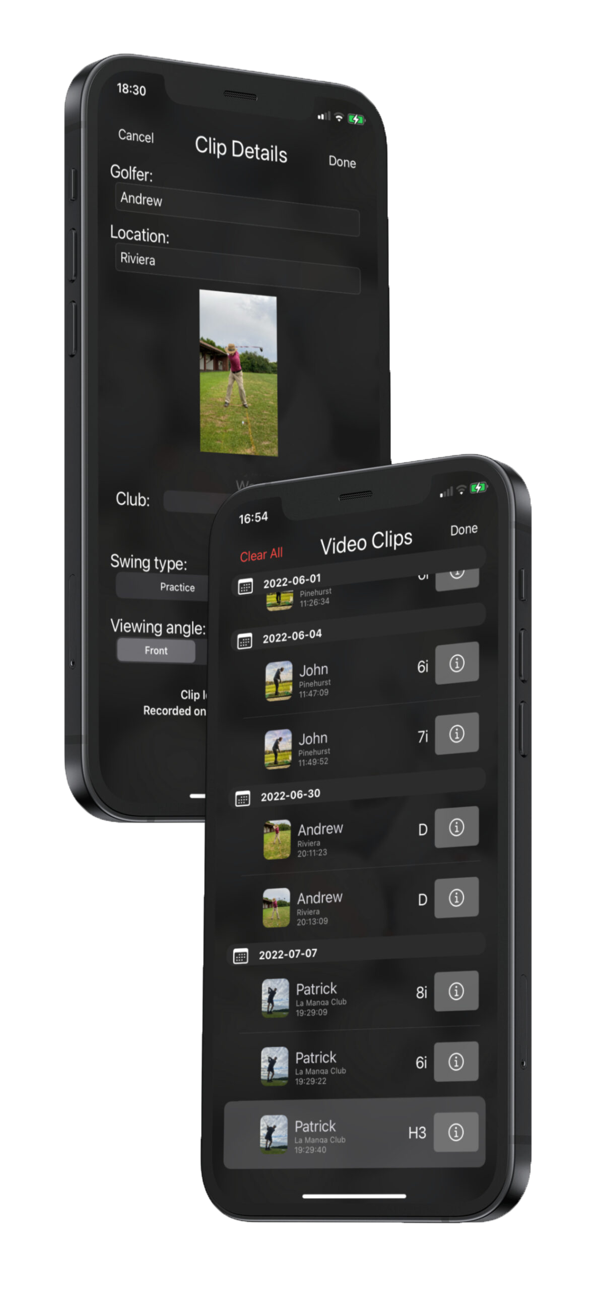 GolfREC's video clip library, listing recorded swings with date, golfer and club