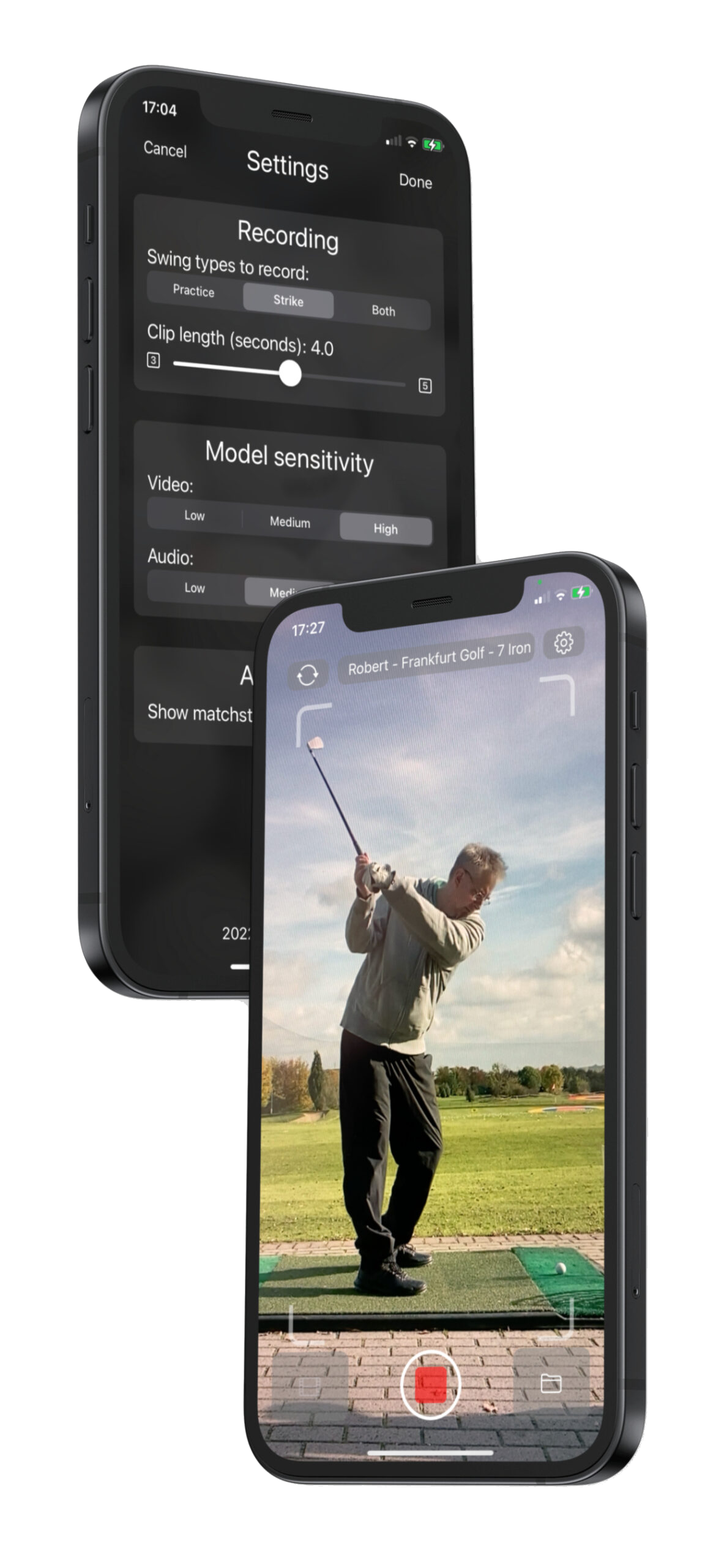 GolfREC app recording a golf swing on the driving range, with the AI recording settings screen behind it