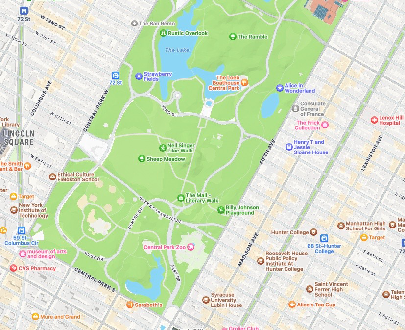 Map of Central Park, New York, used to illustrate route planning in Interval