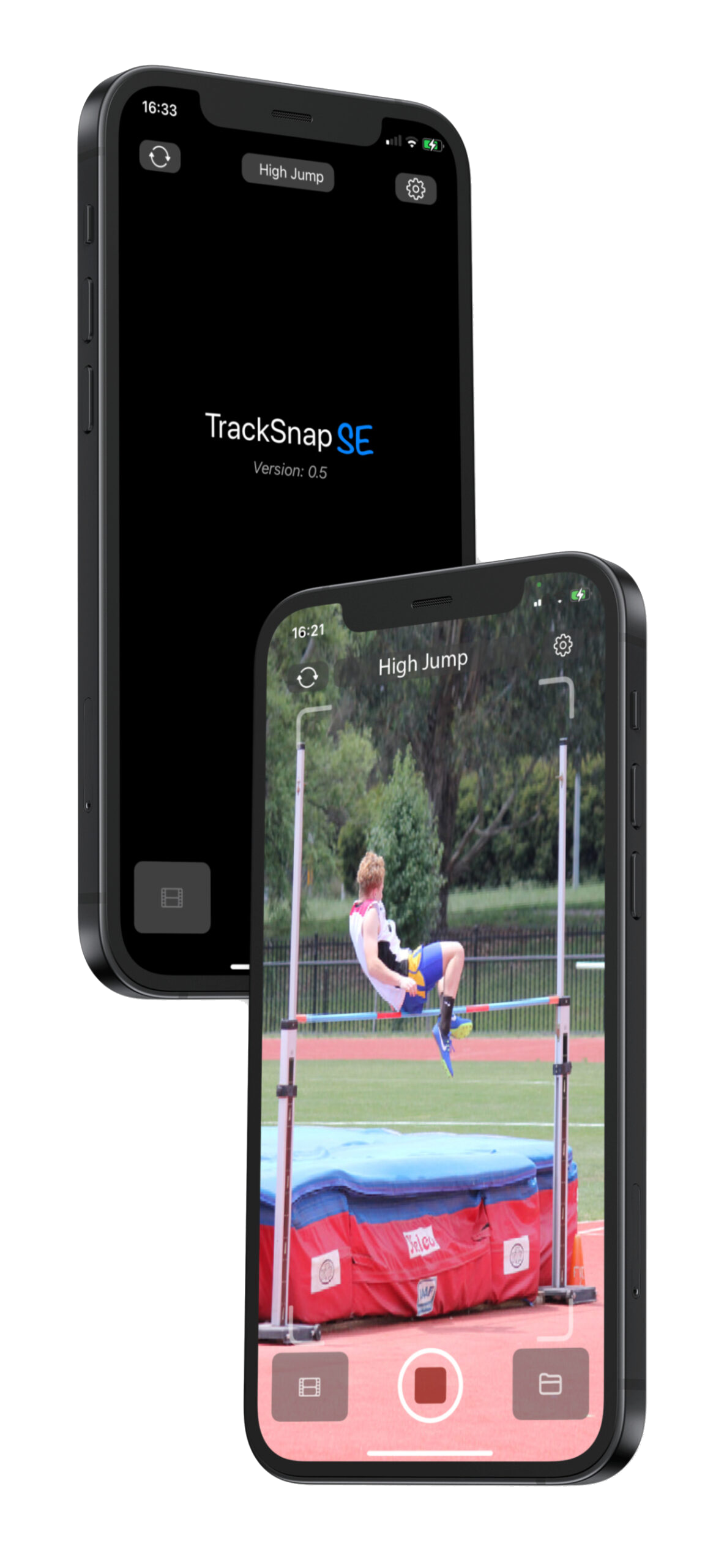 TrackSnap app recording a high jump at the track, with the app launch screen behind it