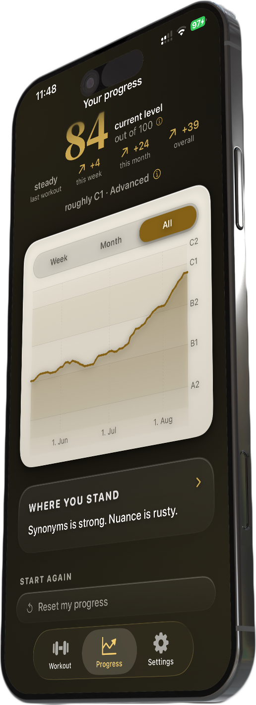Vocabulary Gym progress screen showing a score of 84 out of 100 and a level trend chart over several months