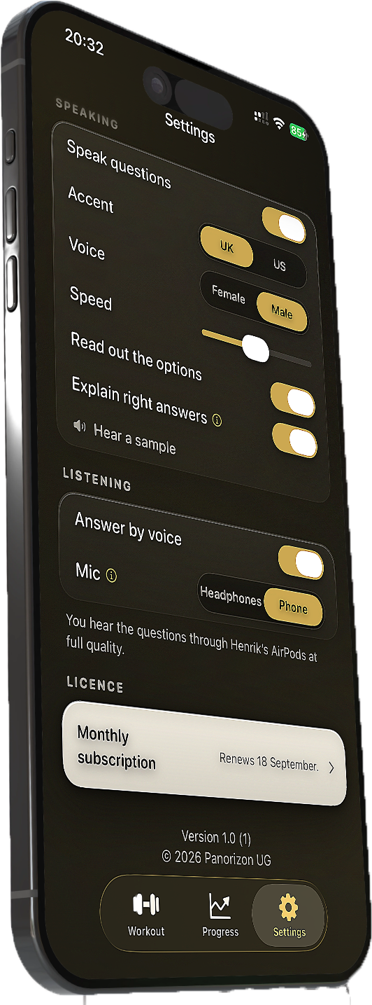 Vocabulary Gym settings screen for speaking accent, voice, listening mode and licence