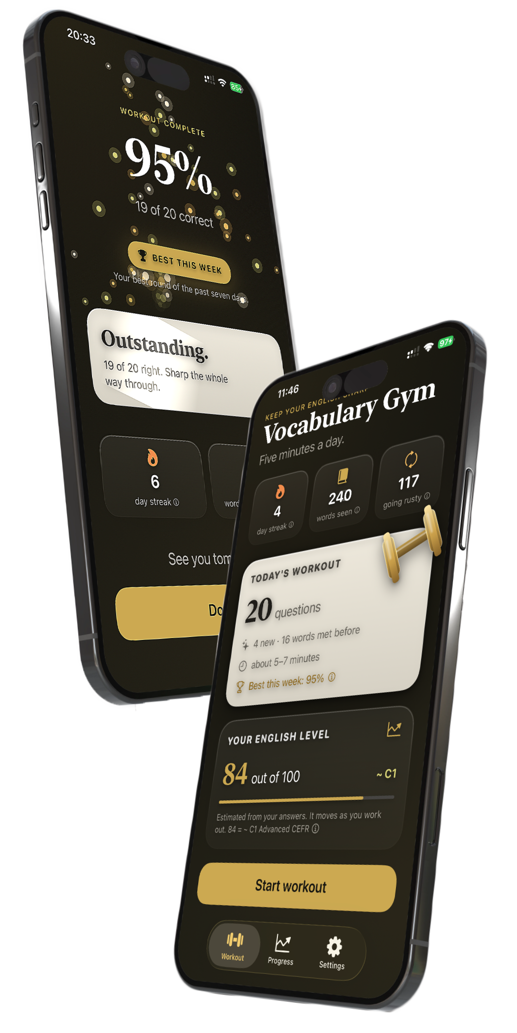 Vocabulary Gym app showing a workout-complete score screen and the daily workout home screen